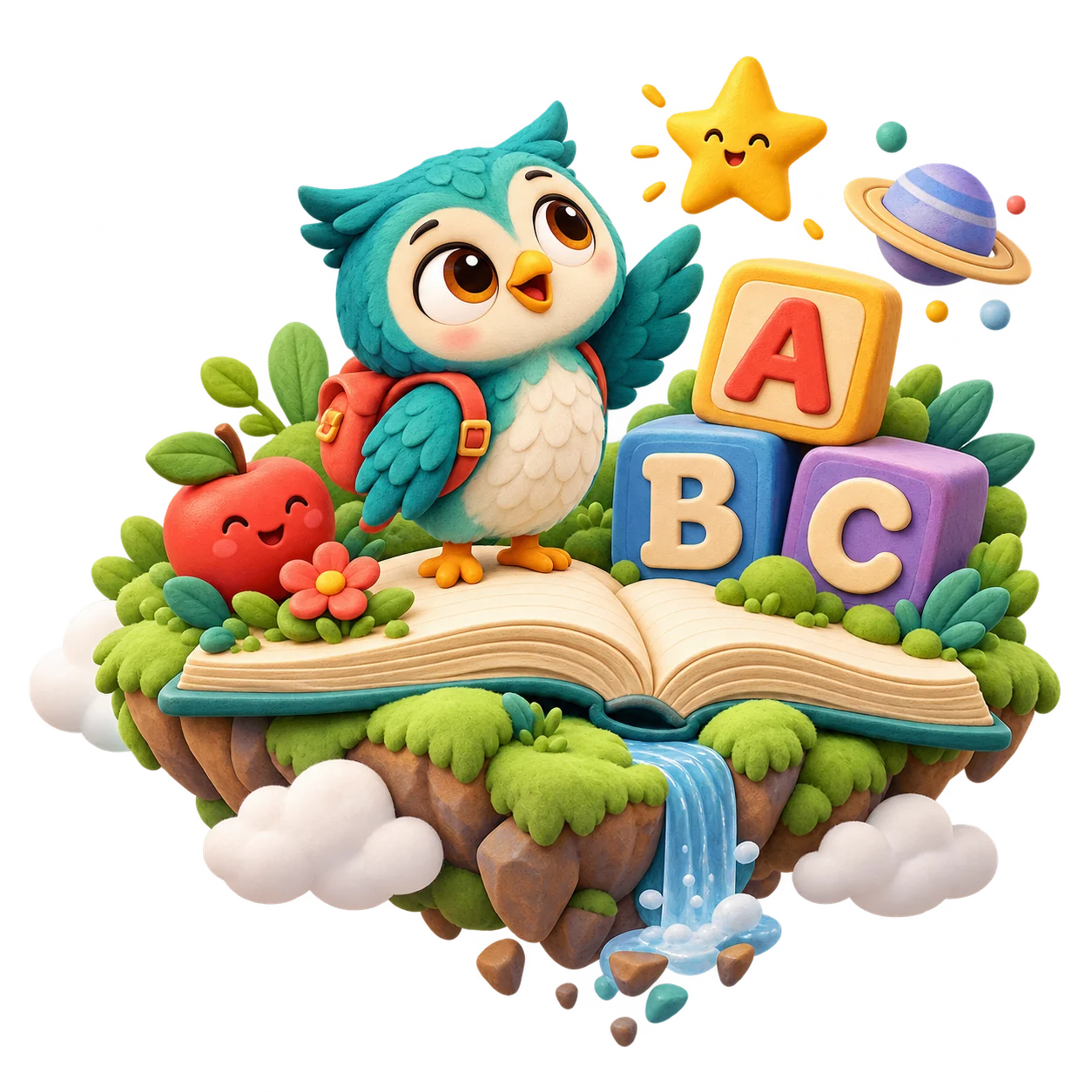 A friendly teal owl explores an open-book island with colourful A, B and C blocks, an apple and stars.